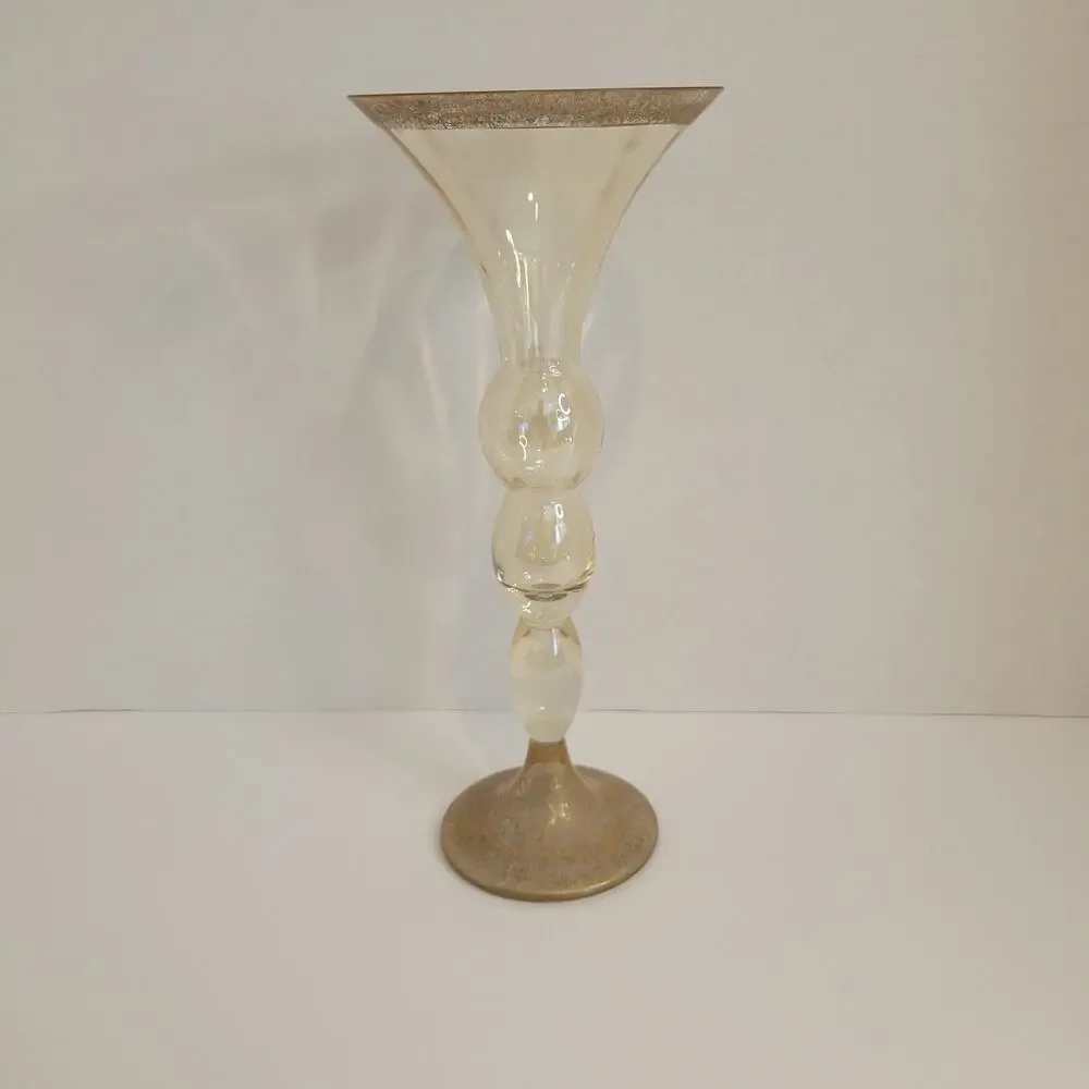 VTG Bombay Poland Mouth‑Blown Champagne Gold Art Glass Trumpet Vase 10.5
